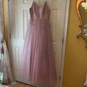 TLC Mauve Pink Sequin V-Neck Tulle Prom Dress